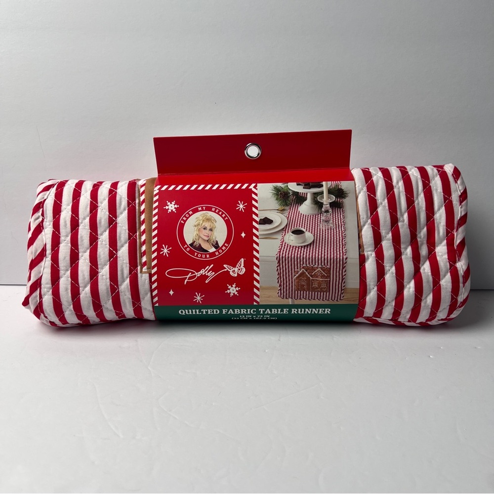 Dolly Parton Festive Red and White Quilted Table Runner with gingerbread house